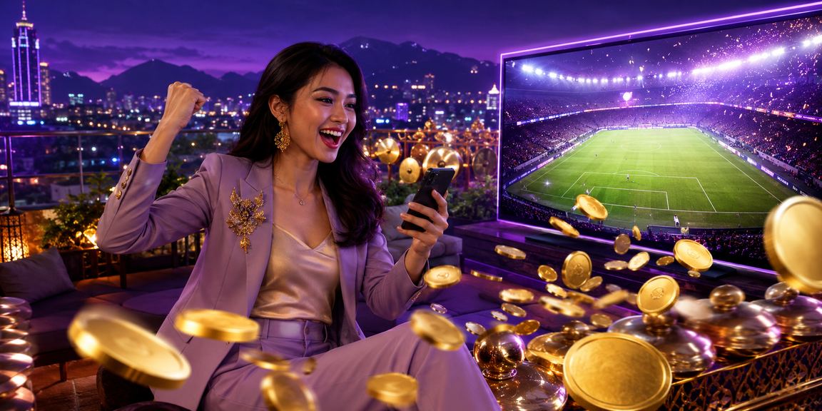 Suasana taruhan olahraga malam hari dengan cahaya neon yang semarak dan penuh energi positif